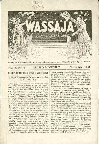 Número de Wassaja, Vol. 4, No. 8, Noviembre 1919 de Carlos Montezuma